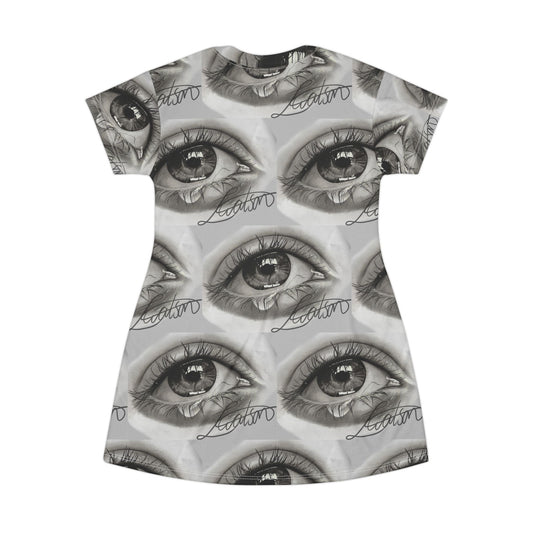 All-Over Print Eye Pattern T-Shirt Dress — Monochrome Surreal Gaze