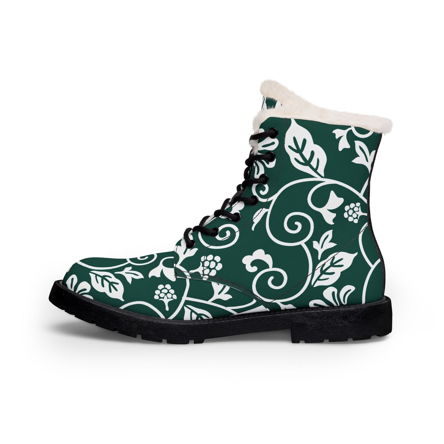 Gefütterte Damen-Lederstiefel — Grüne Winter-Stiefeletten mit Blumenmuster