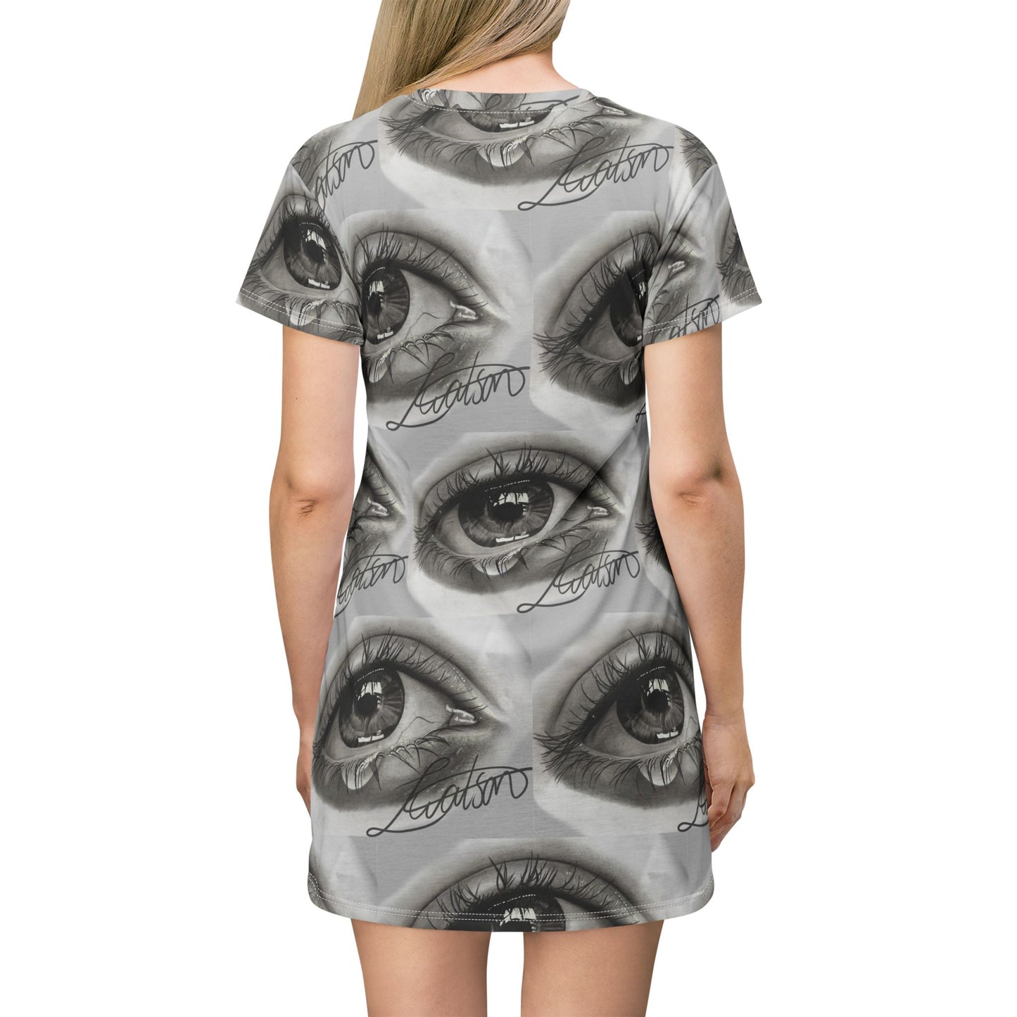 All-Over Print Eye Pattern T-Shirt Dress — Monochrome Surreal Gaze
