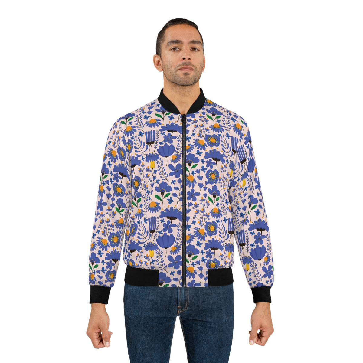 Blue Floral All-Over Print Bomber Jacket