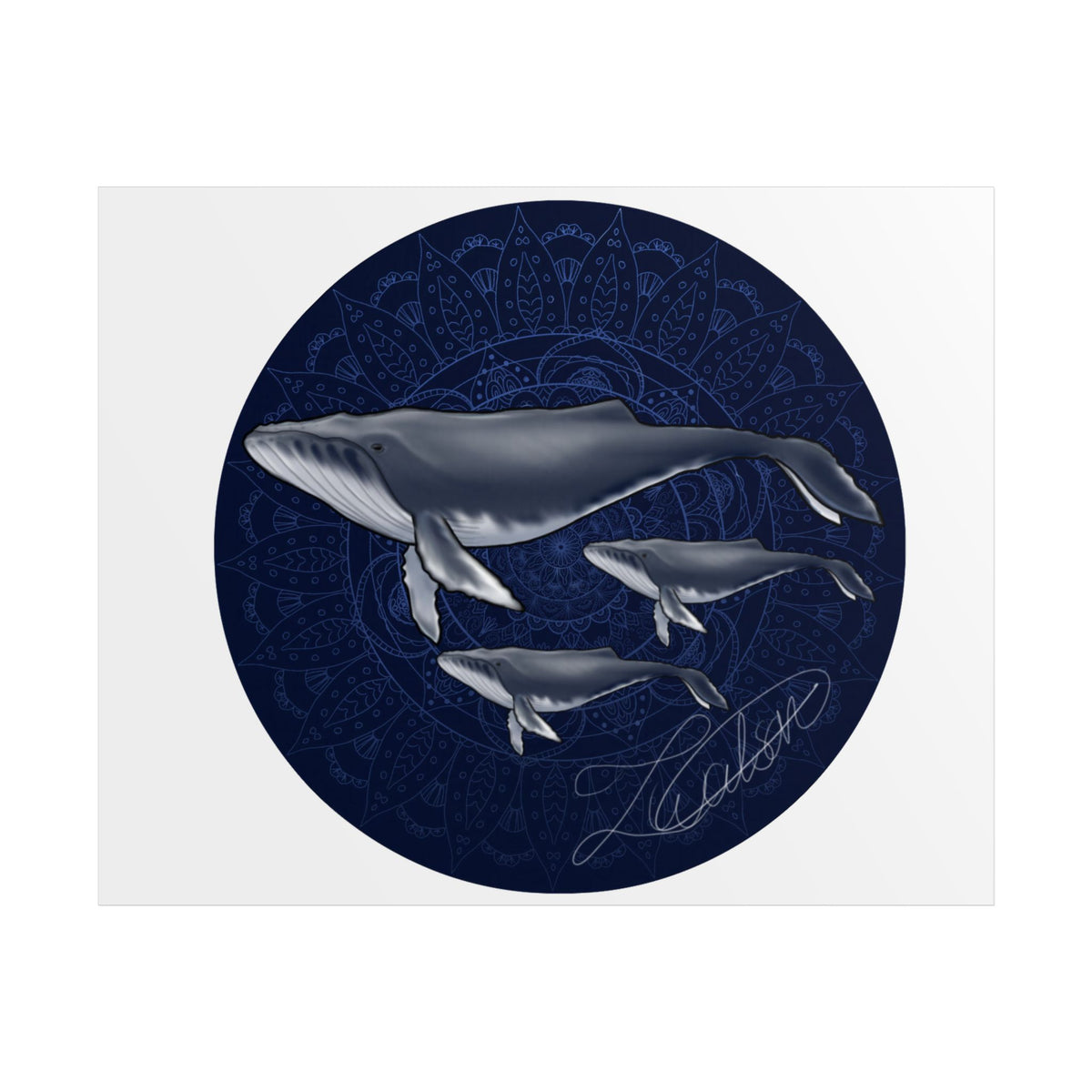 Whale Family Poster — Navy Mandala Ocean Art Print