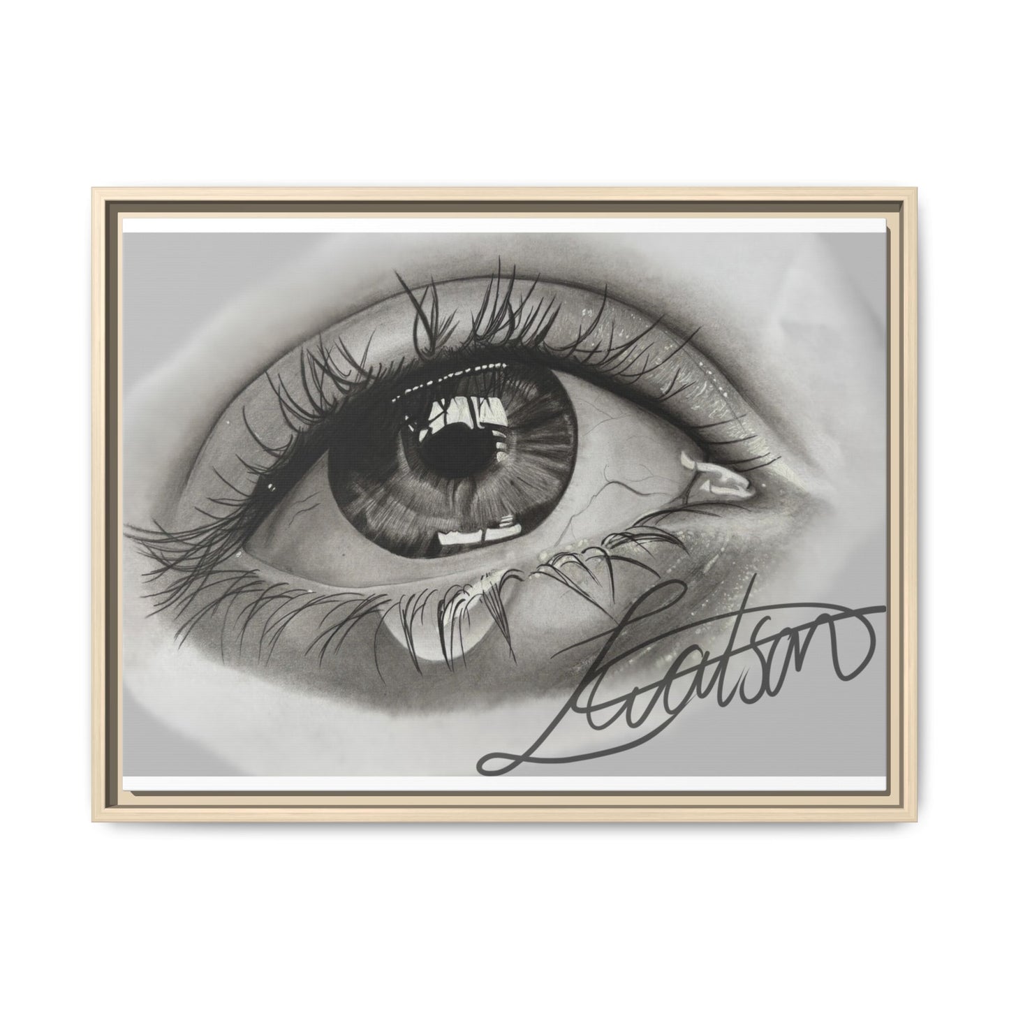 Gerahmte Leinwandkunst – Realistisches Auge mit tränenförmiger Signatur