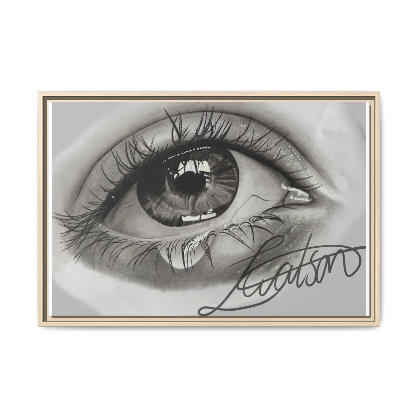 Gerahmte Leinwandkunst – Realistisches Auge mit tränenförmiger Signatur