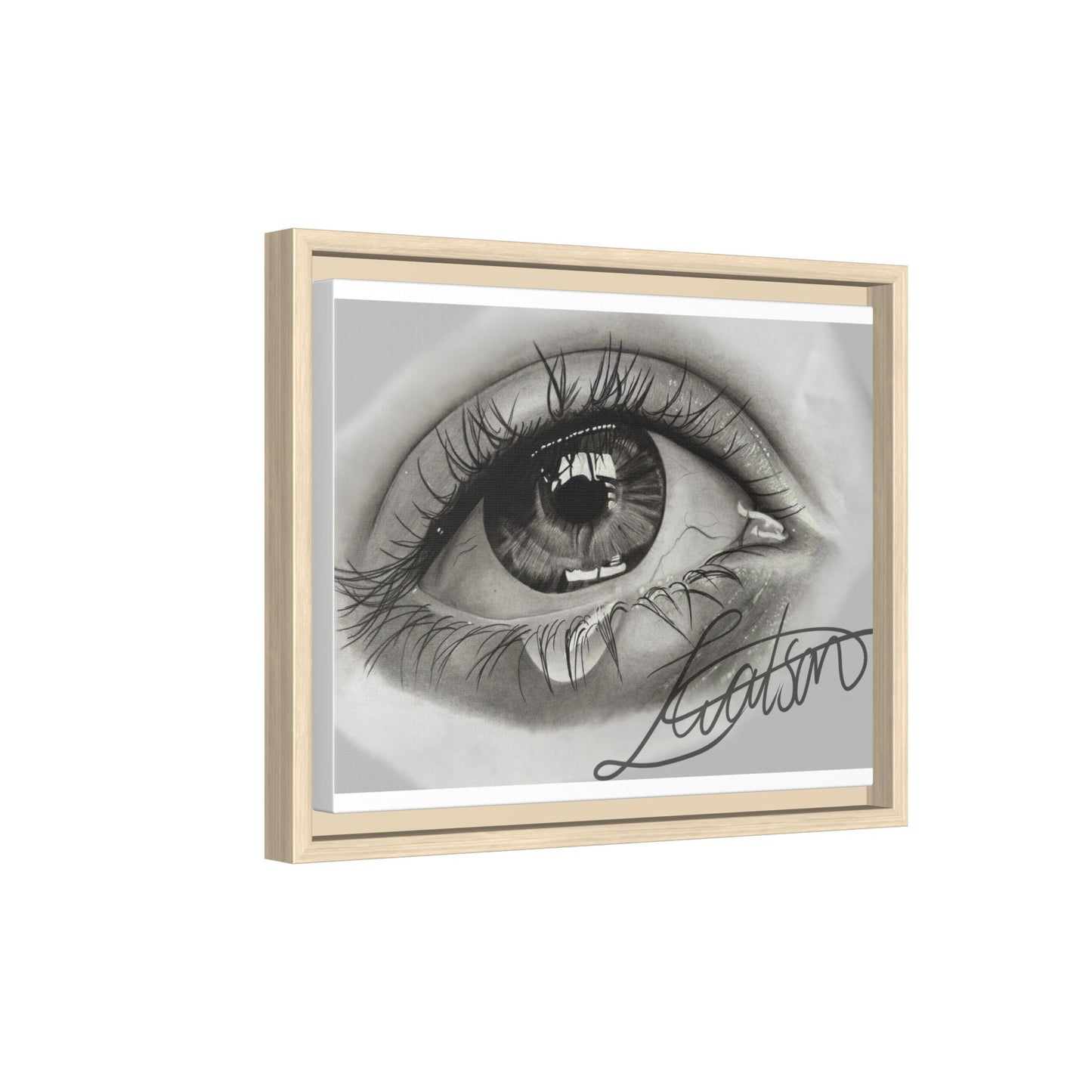 Gerahmte Leinwandkunst – Realistisches Auge mit tränenförmiger Signatur