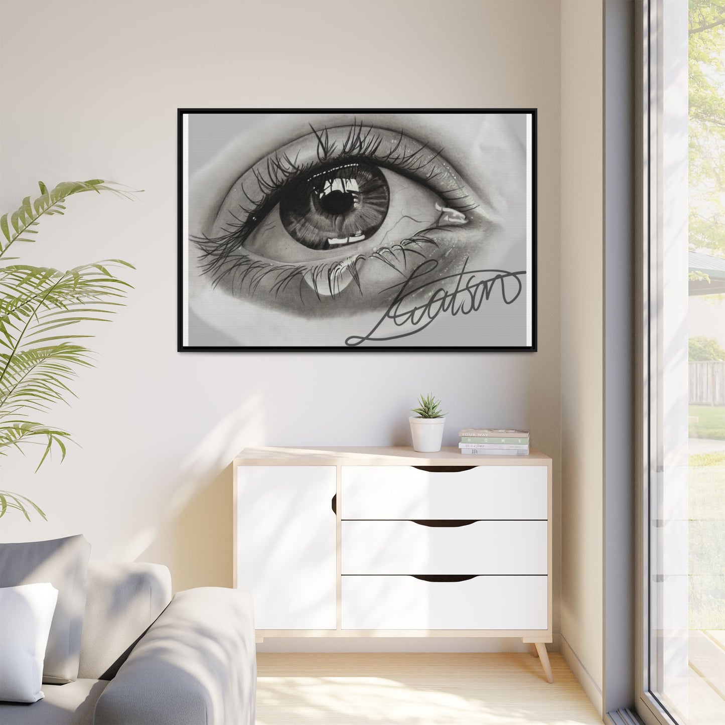 Gerahmte Leinwandkunst – Realistisches Auge mit tränenförmiger Signatur