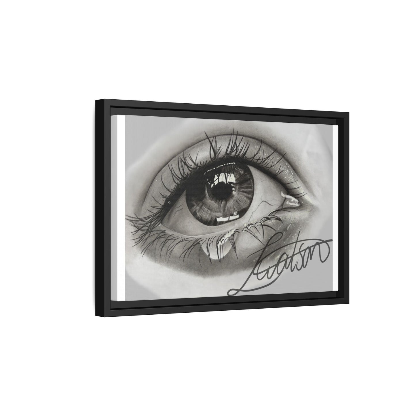 Gerahmte Leinwandkunst – Realistisches Auge mit tränenförmiger Signatur