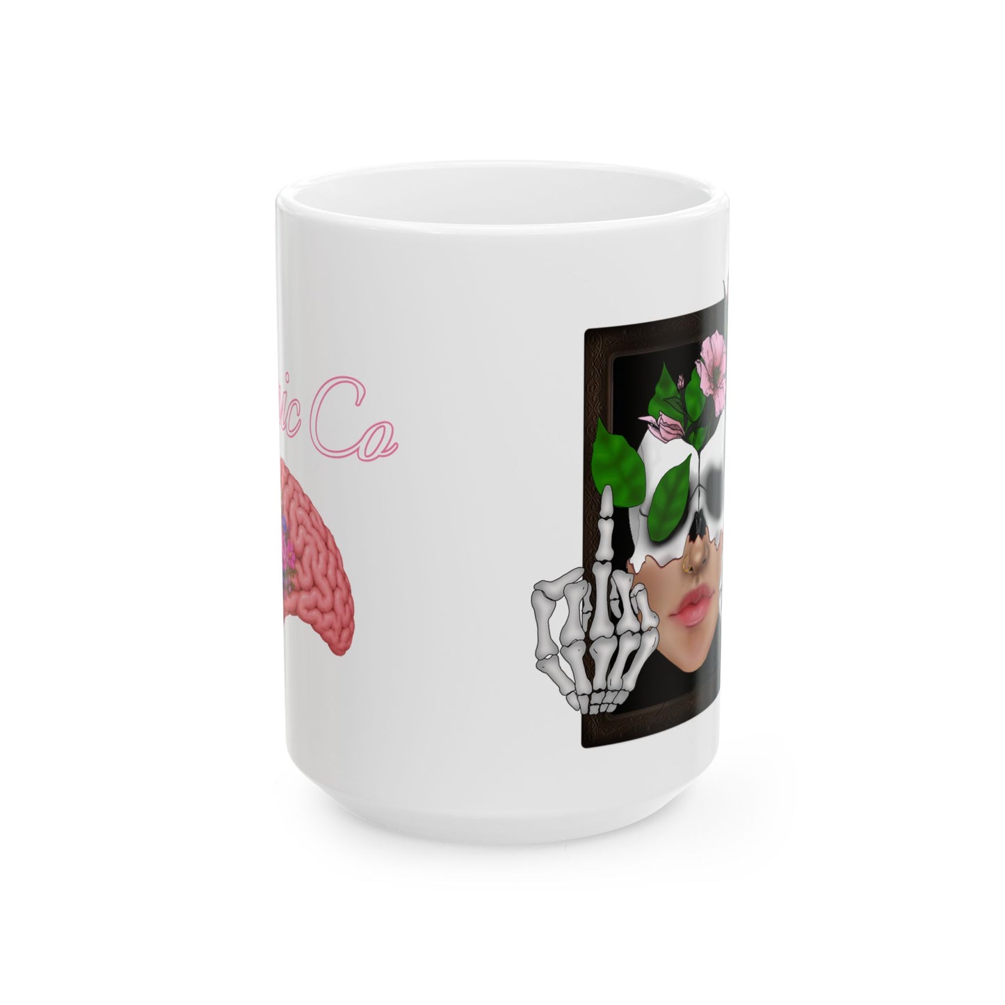 11oz/15oz Ceramic Mug — Floral Skull & Brain Art Coffee Cup (Feminine Goth, 'M' Text)