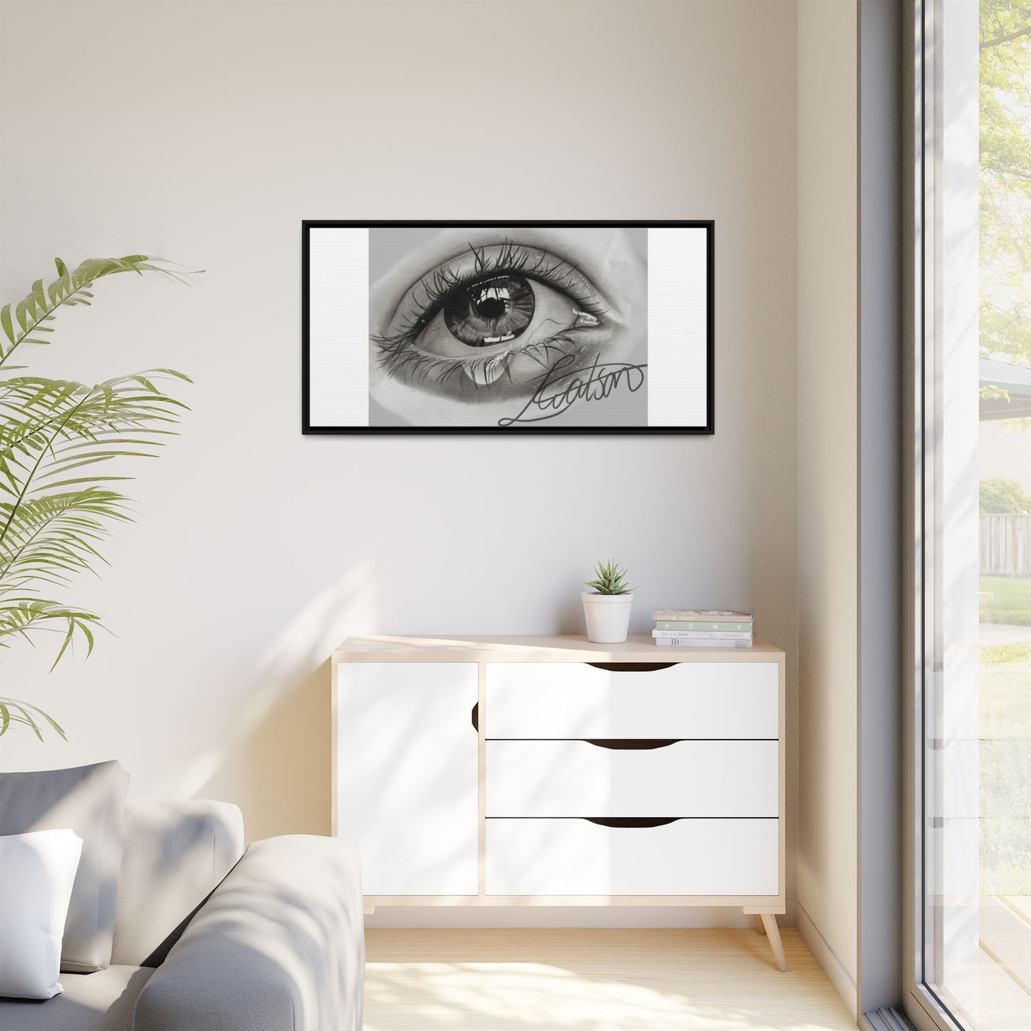 Gerahmte Leinwandkunst – Realistisches Auge mit tränenförmiger Signatur