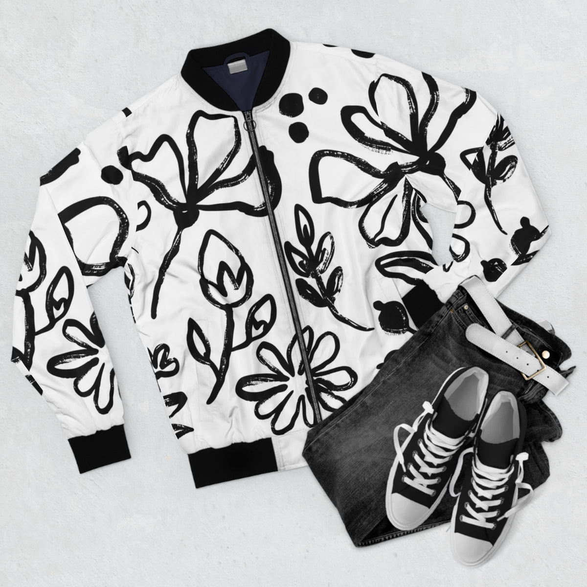 Black Flower All-Over Print Bomber Jacket