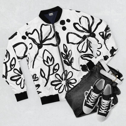 Black Flower All-Over Print Bomber Jacket