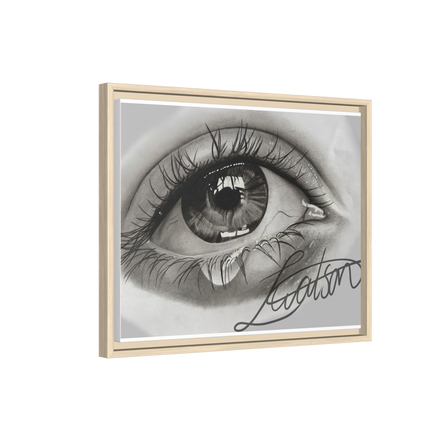 Gerahmte Leinwandkunst – Realistisches Auge mit tränenförmiger Signatur