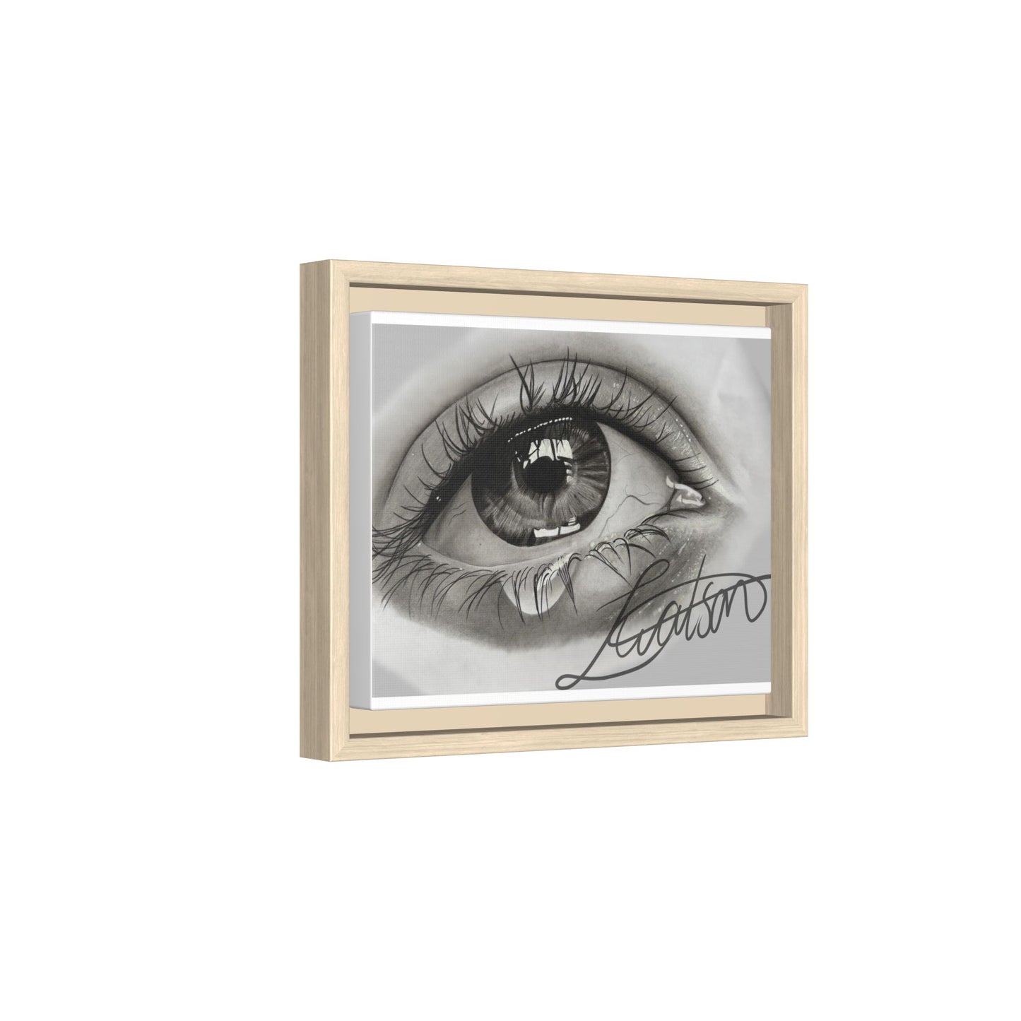 Gerahmte Leinwandkunst – Realistisches Auge mit tränenförmiger Signatur