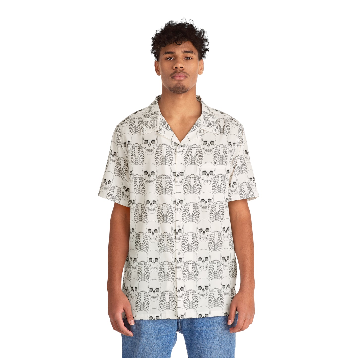 Skizzierter Totenkopf Hawaiihemd – All-Over-Print Strandhemd für Herren