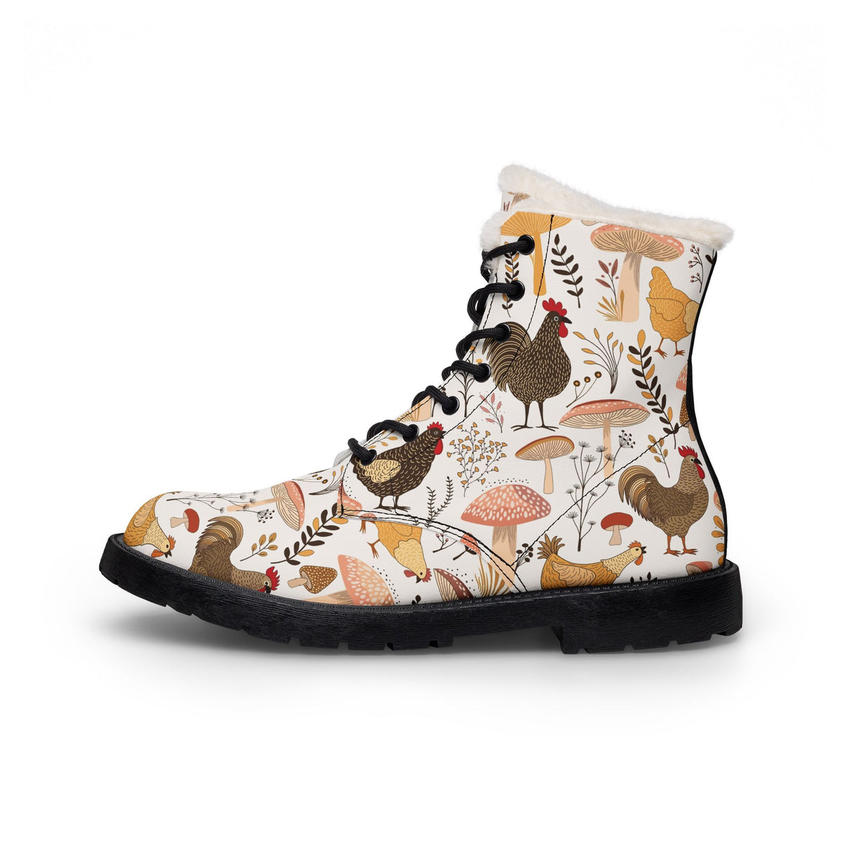 Chicken and Mushroom Print Fleece-Lined Boots