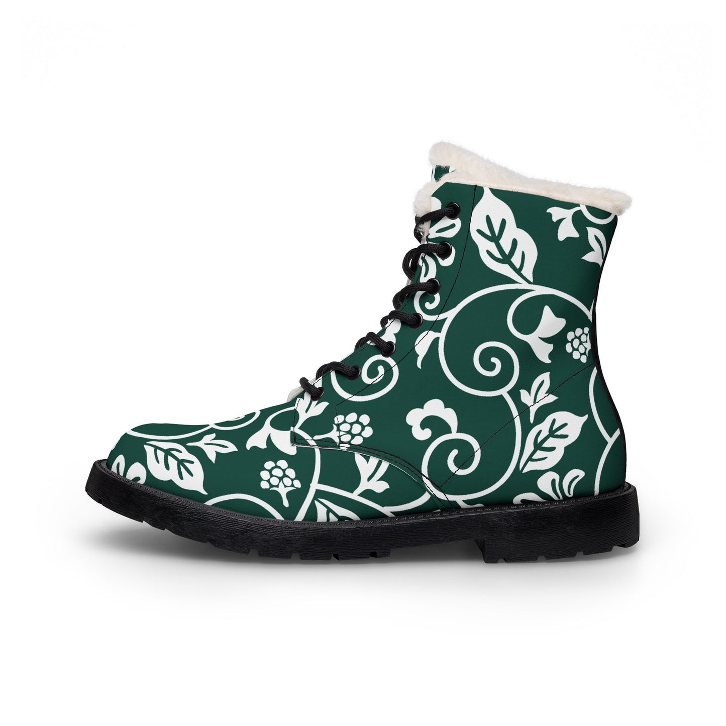 Gefütterte Damen-Lederstiefel — Grüne Winter-Stiefeletten mit Blumenmuster