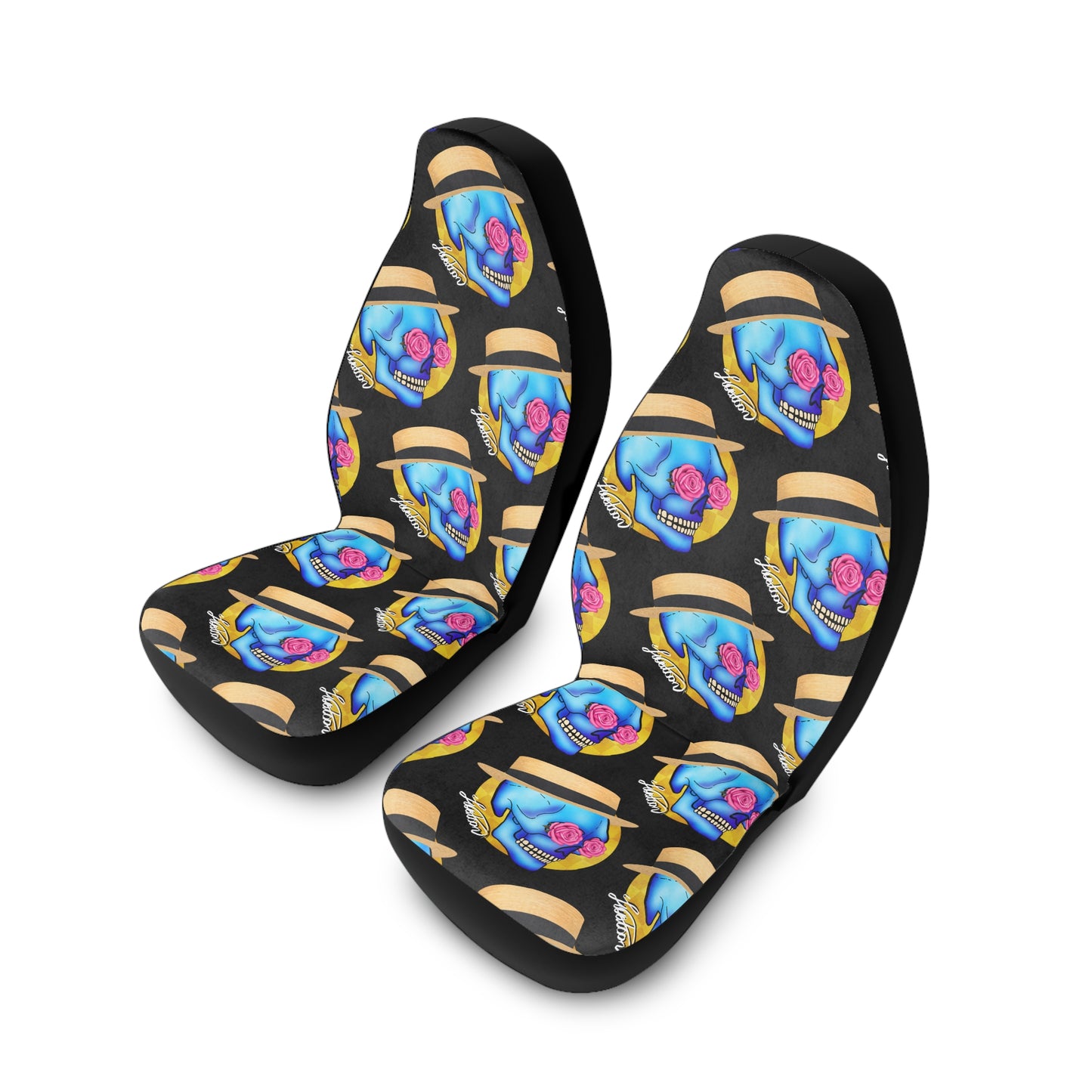 Skull & Straw Hat Car Seat Covers — Vibrant Day of the Dead Auto Protector