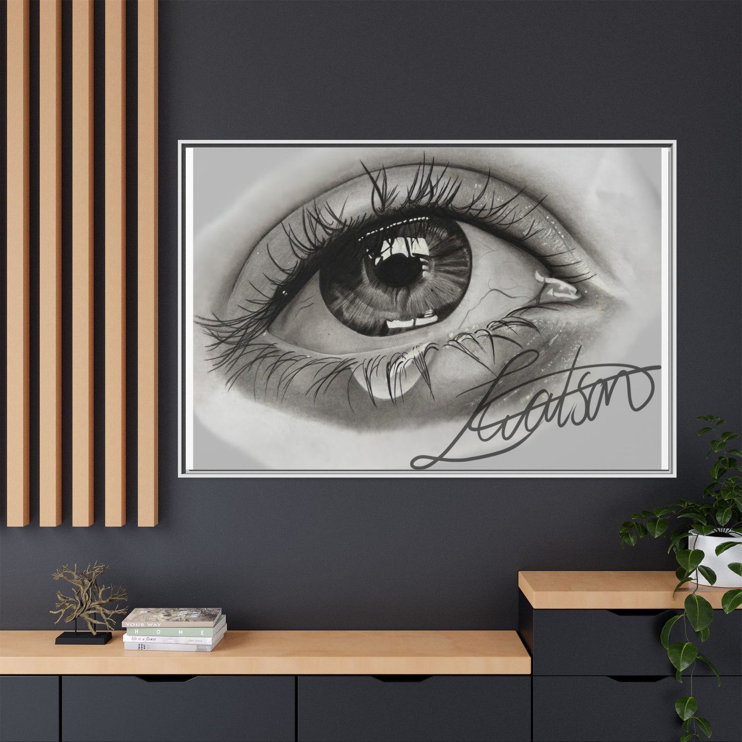Gerahmte Leinwandkunst – Realistisches Auge mit tränenförmiger Signatur