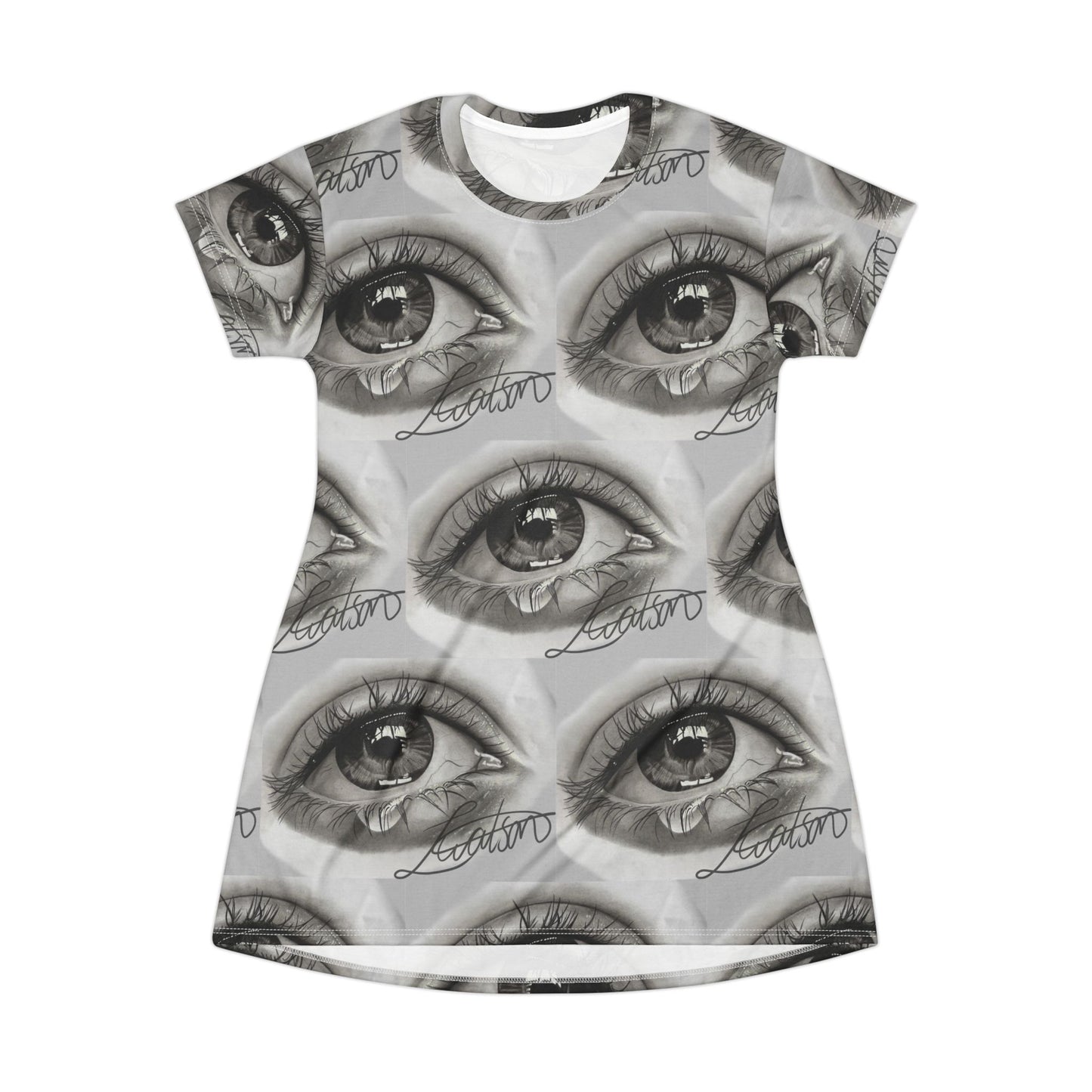 All-Over Print Eye Pattern T-Shirt Dress — Monochrome Surreal Gaze
