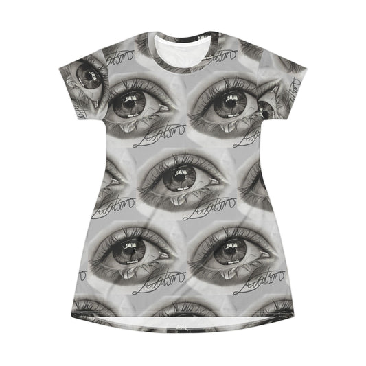All-Over Print Eye Pattern T-Shirt Dress — Monochrome Surreal Gaze