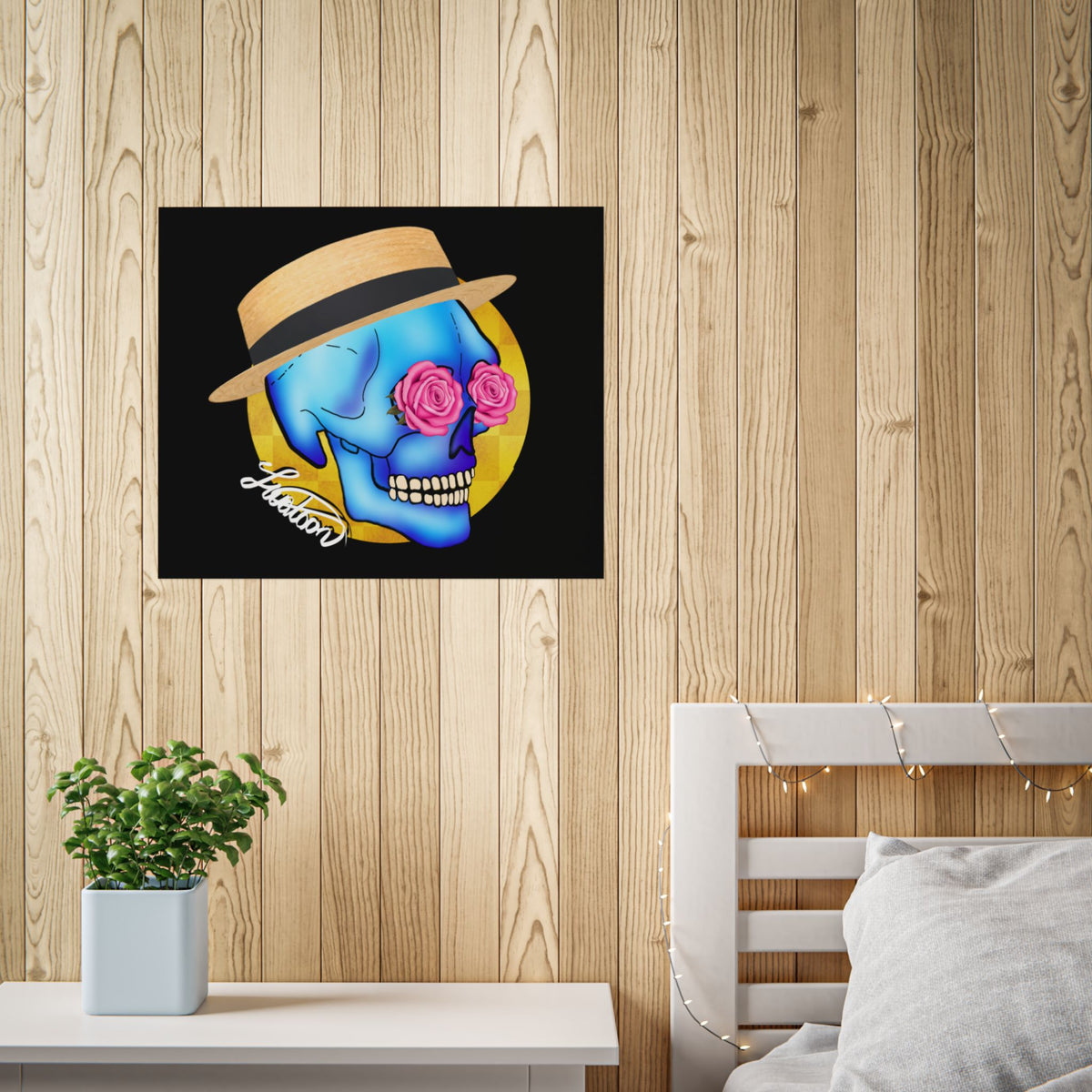 Colorful Day of the Dead Skull with Roses and Fedora Hat