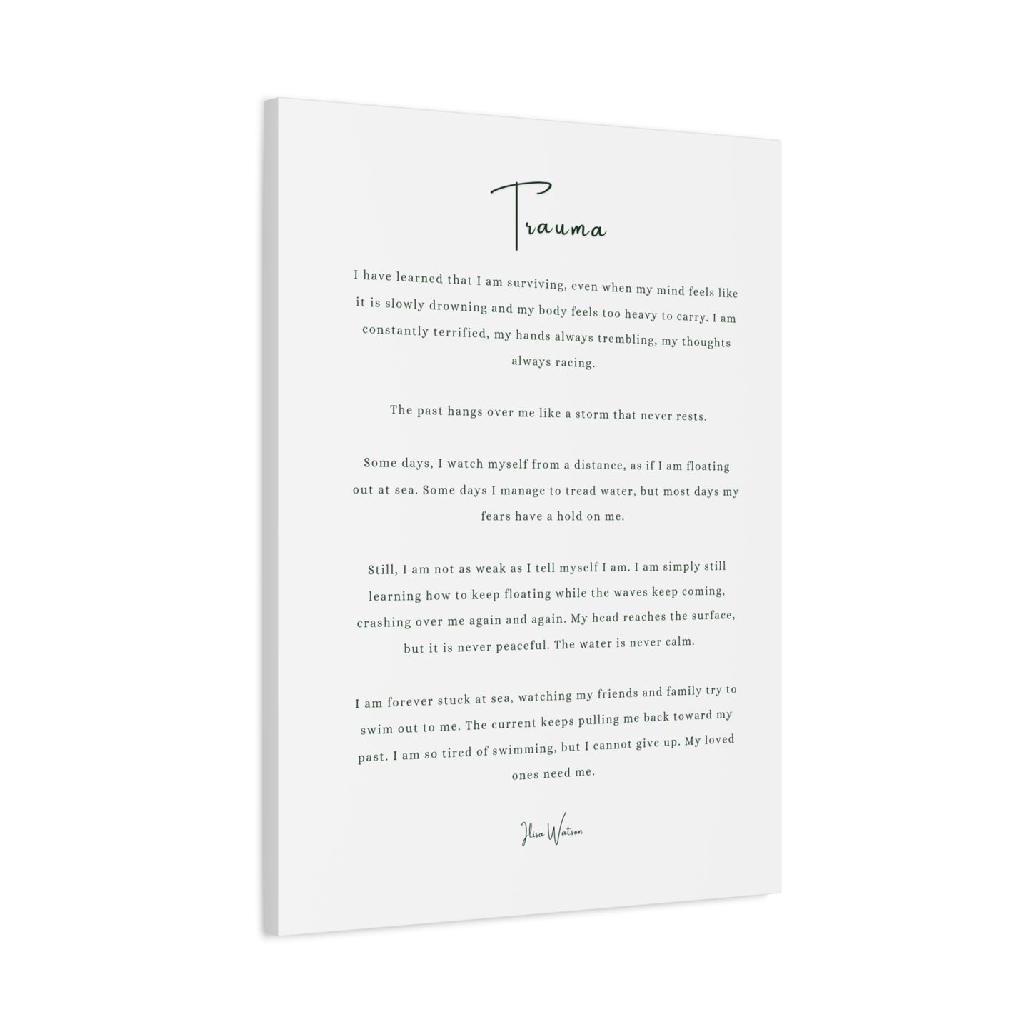 Trauma-Gedicht mattes Leinwandbild – aufgespannt, 3,18 cm Wandkunst