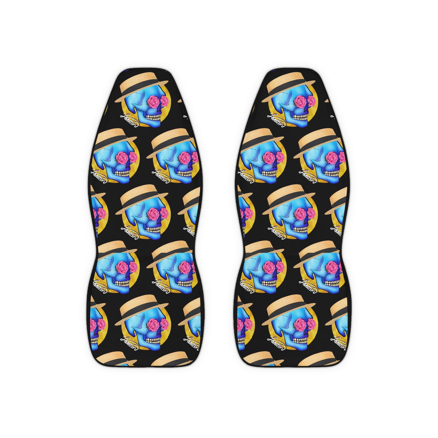 Skull & Straw Hat Car Seat Covers — Vibrant Day of the Dead Auto Protector