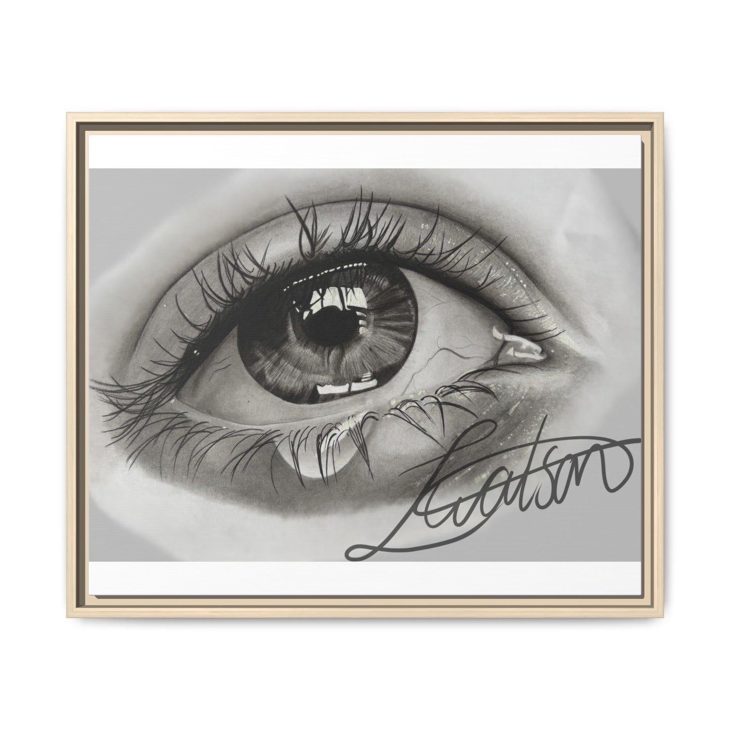 Gerahmte Leinwandkunst – Realistisches Auge mit tränenförmiger Signatur