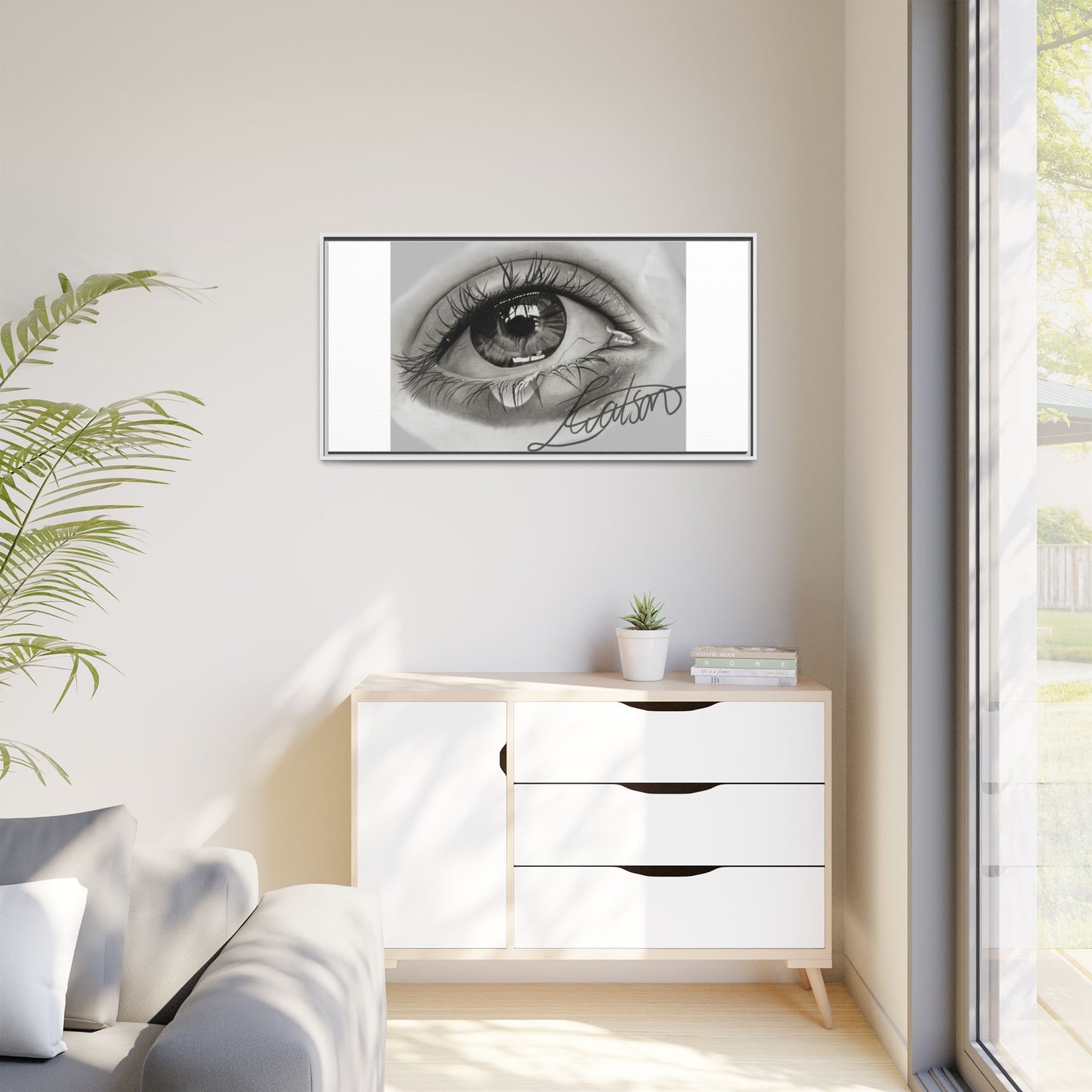 Gerahmte Leinwandkunst – Realistisches Auge mit tränenförmiger Signatur