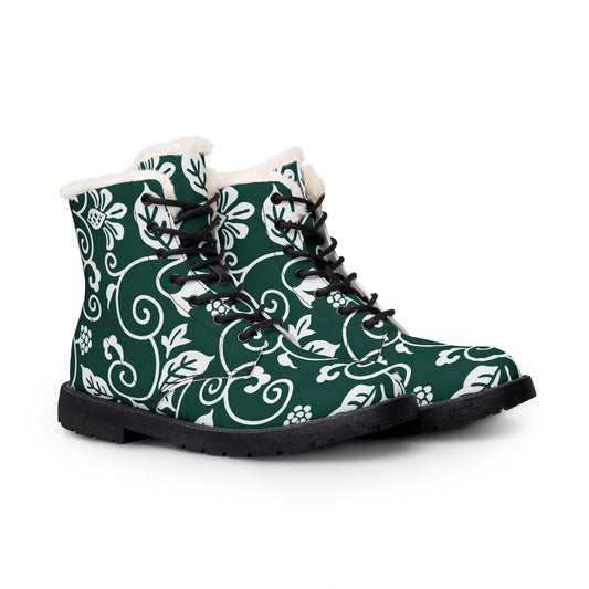 Gefütterte Damen-Lederstiefel — Grüne Winter-Stiefeletten mit Blumenmuster