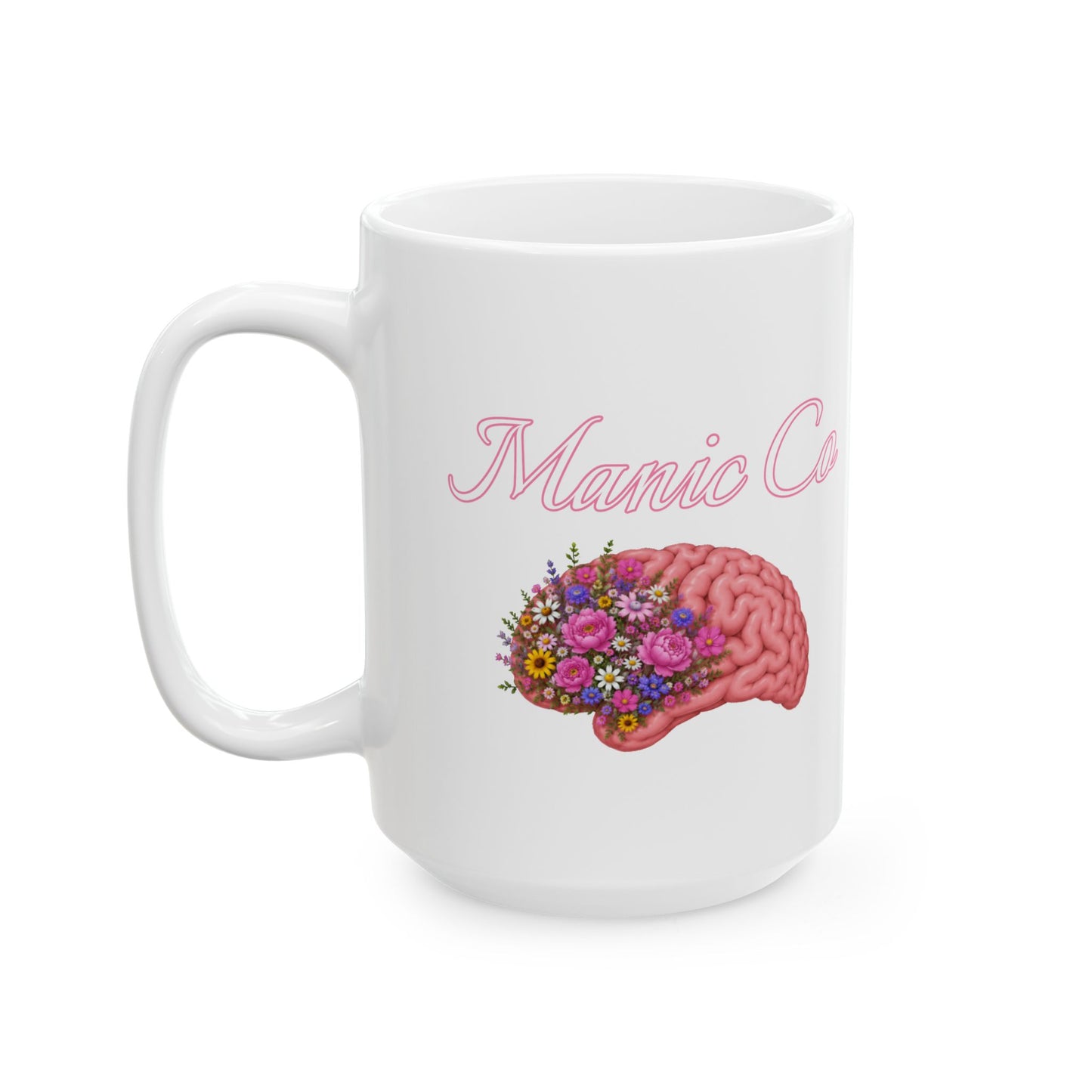 11oz/15oz Ceramic Mug — Floral Skull & Brain Art Coffee Cup (Feminine Goth, 'M' Text)