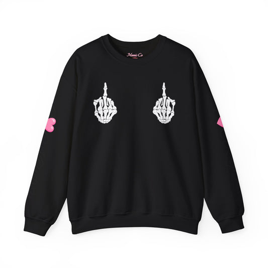 Crewneck Sweatshirt — Floral Skull Graphic with Skeleton Hands