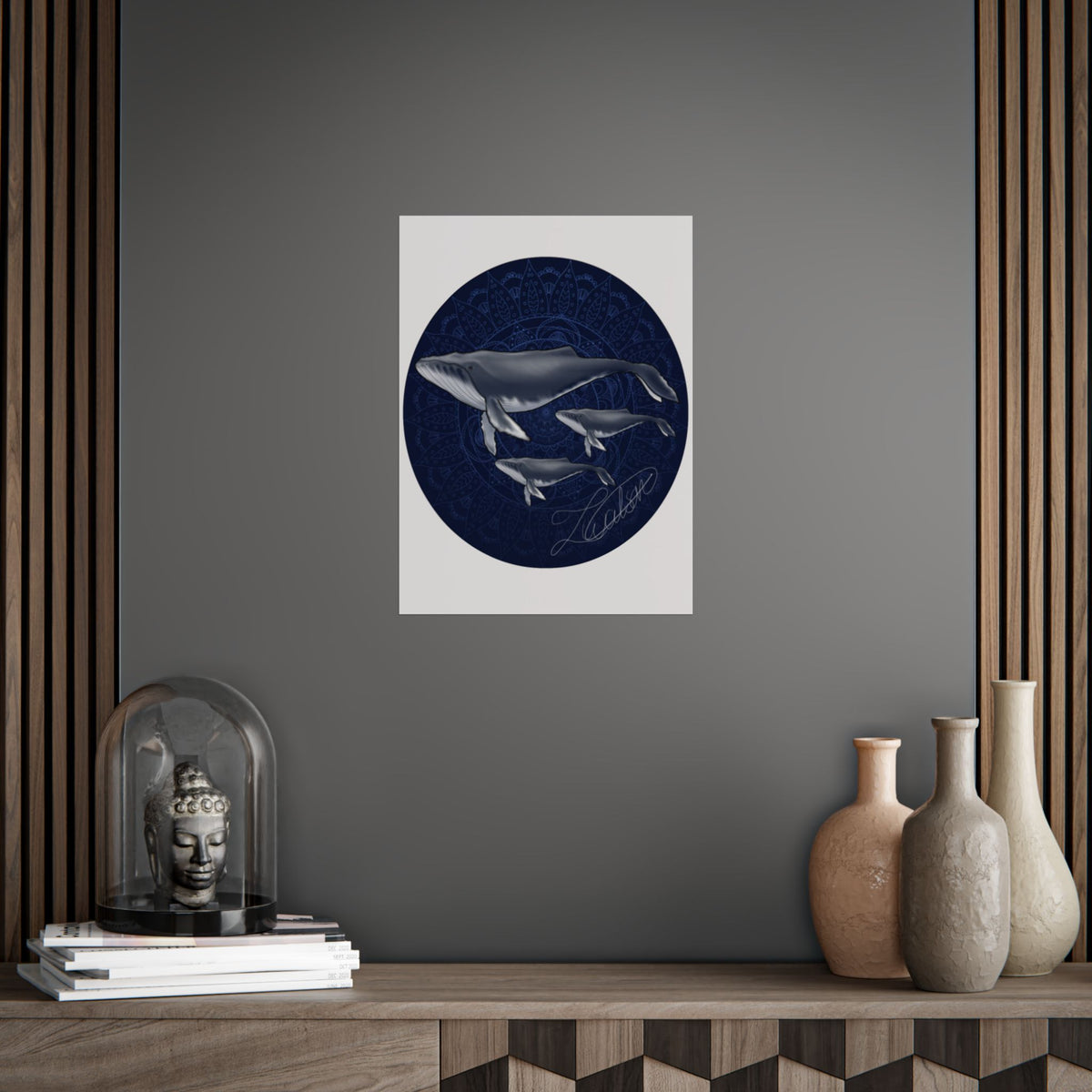 Whale Family Poster — Navy Mandala Ocean Art Print