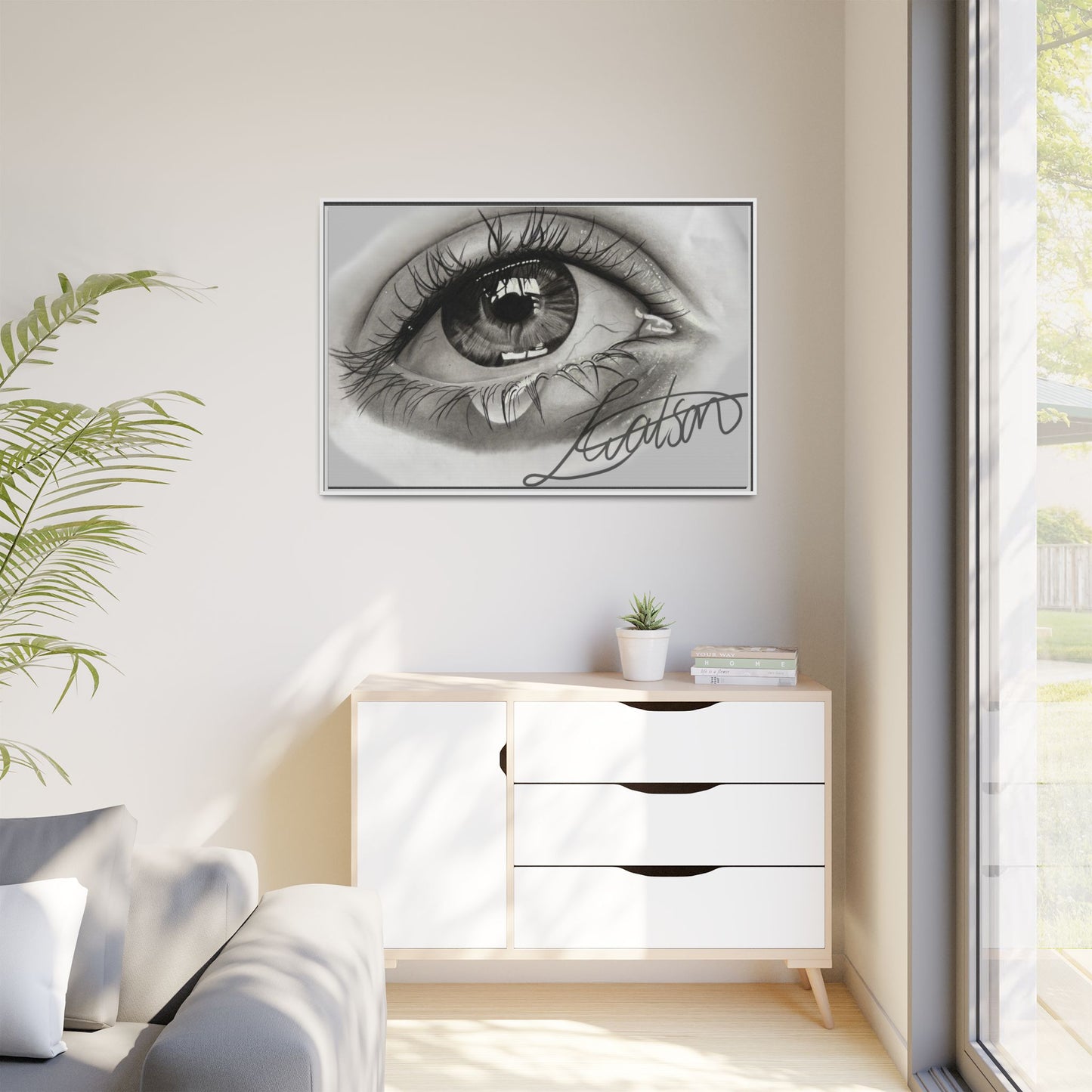 Gerahmte Leinwandkunst – Realistisches Auge mit tränenförmiger Signatur