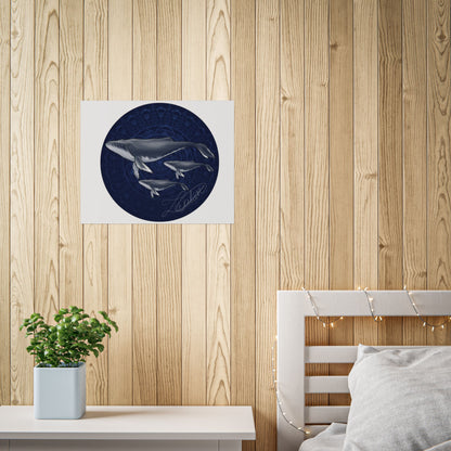 Whale Family Poster — Navy Mandala Ocean Art Print