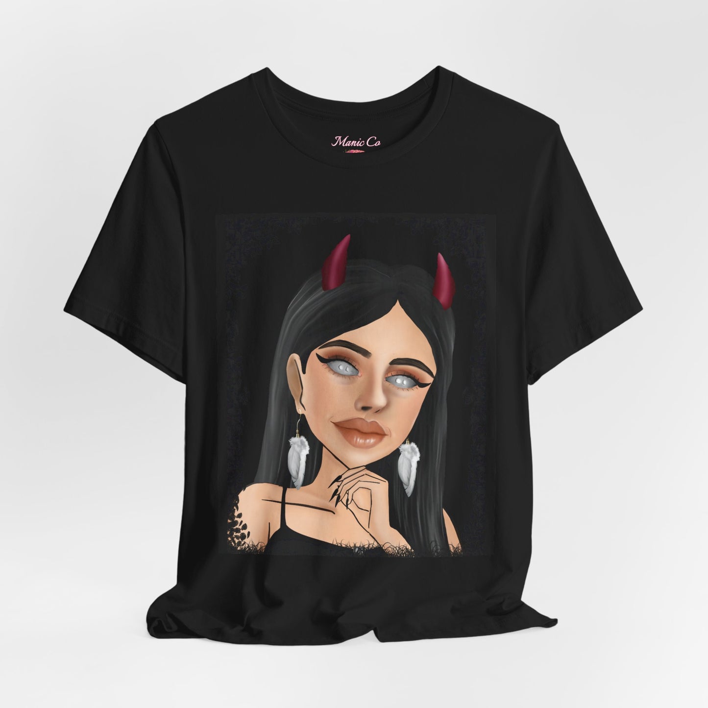 Teufelsmädchen-Porträt-T-Shirt – Gothic-Cartoon-Grafik-T-Shirt