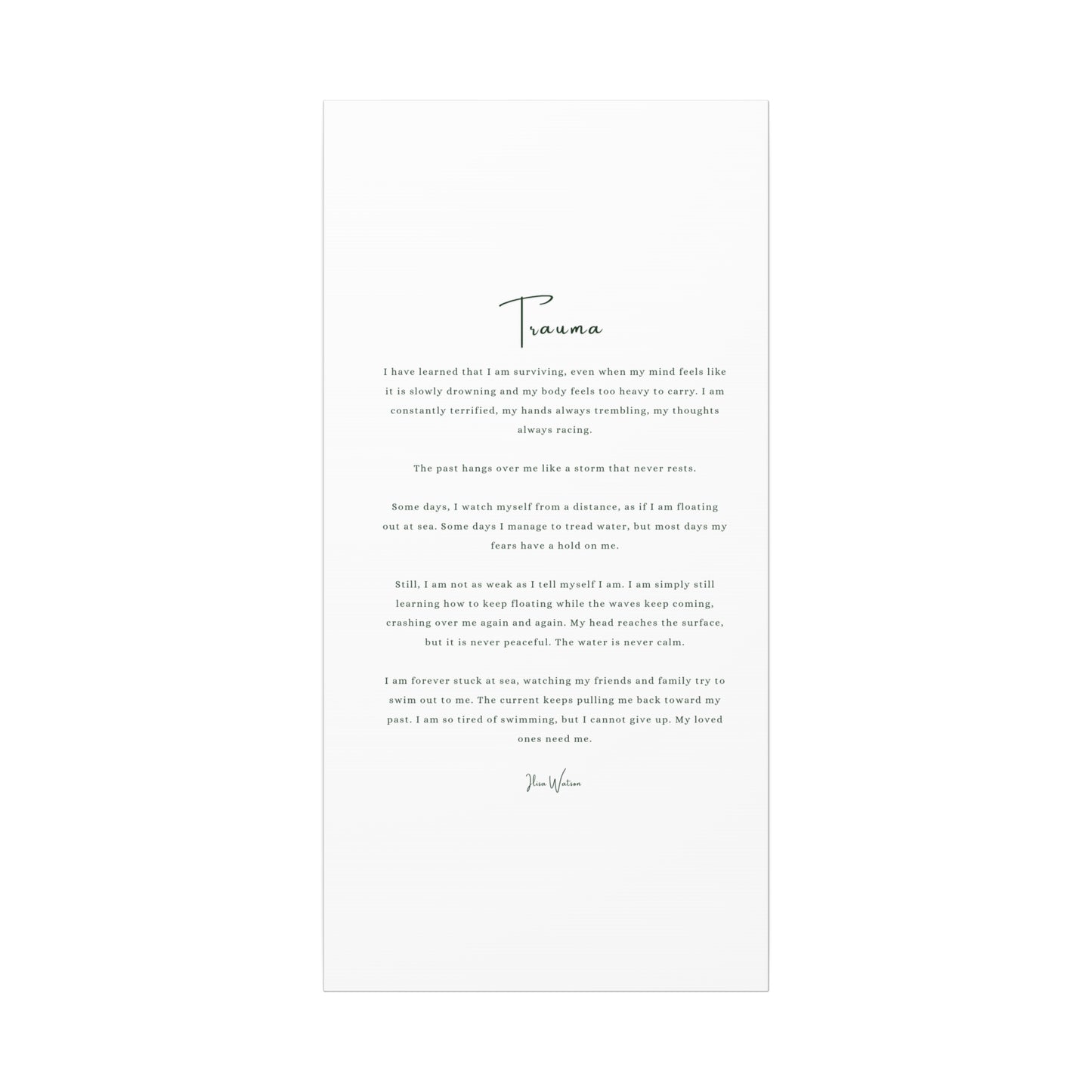 Trauma-Gedicht mattes Leinwandbild – aufgespannt, 3,18 cm Wandkunst