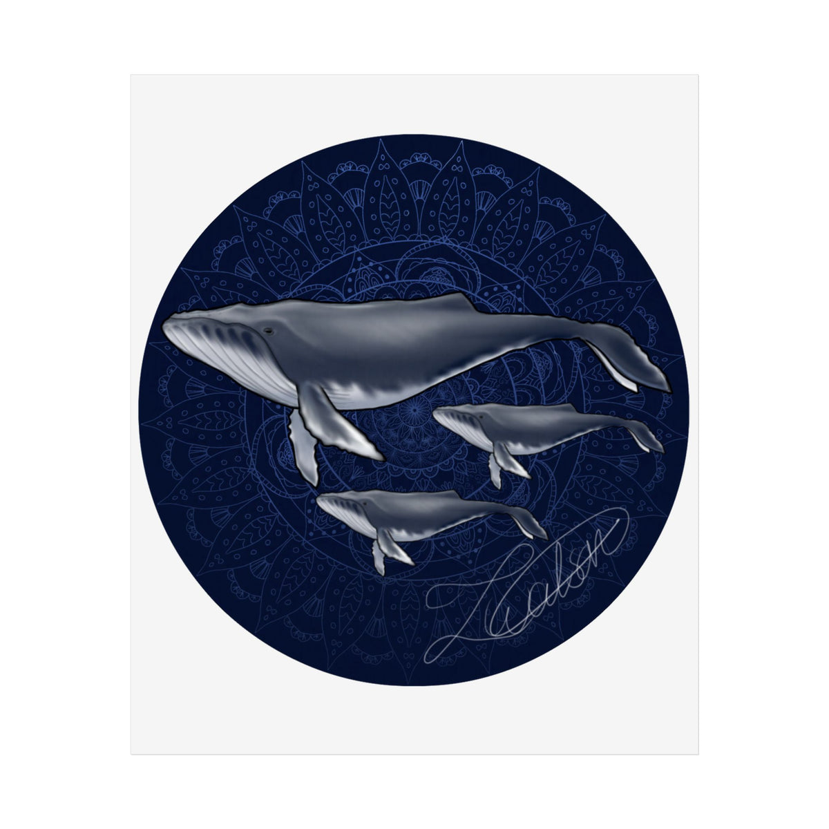 Whale Family Poster — Navy Mandala Ocean Art Print