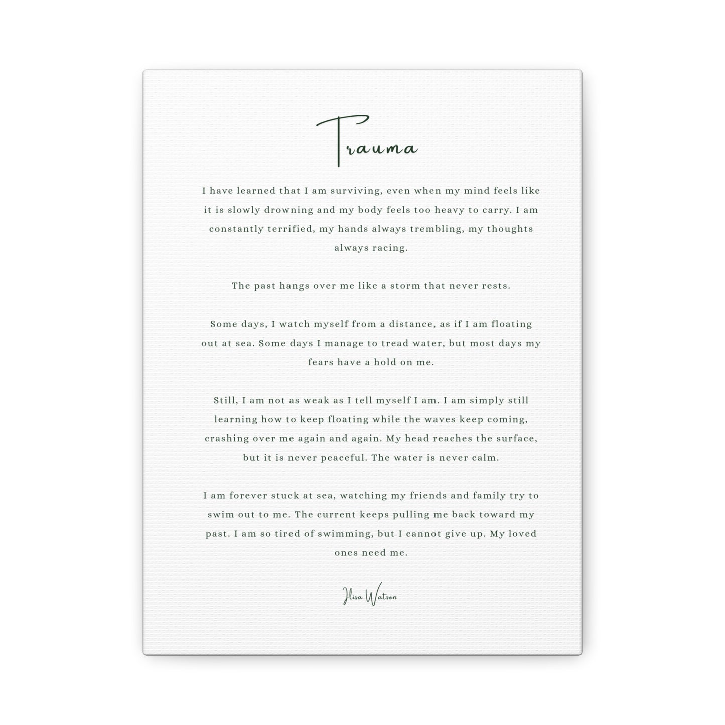 Trauma-Gedicht mattes Leinwandbild – aufgespannt, 3,18 cm Wandkunst