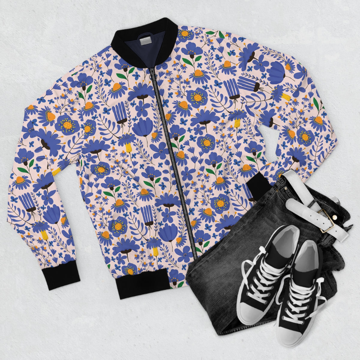 Blue Floral All-Over Print Bomber Jacket