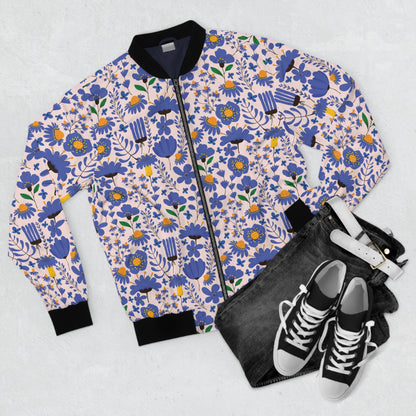 Blue Floral All-Over Print Bomber Jacket