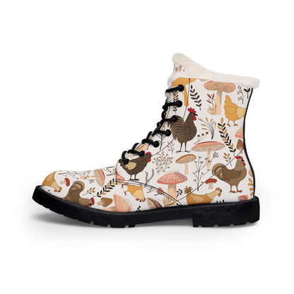 Chicken and Mushroom Print Fleece-Lined Boots