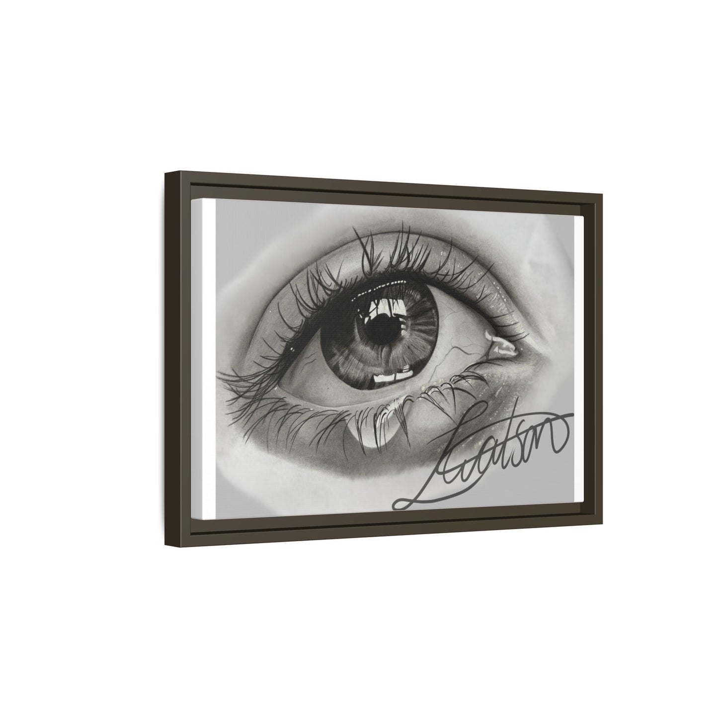 Gerahmte Leinwandkunst – Realistisches Auge mit tränenförmiger Signatur