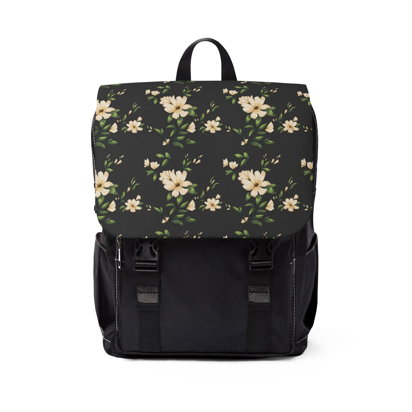 Blumen-Rucksack aus Segeltuch – Vintage Umhängetasche mit weißen Blüten