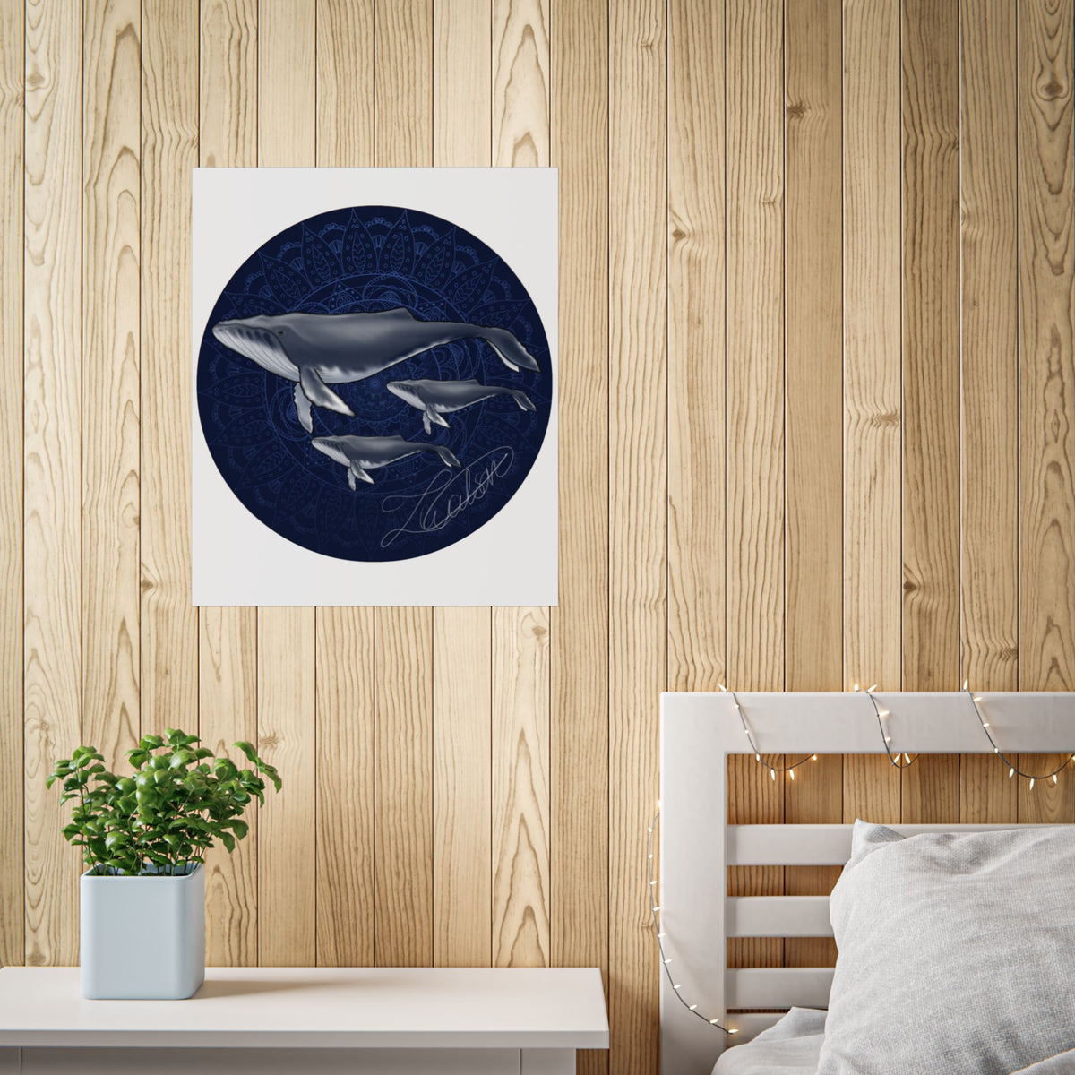 Whale Family Poster — Navy Mandala Ocean Art Print