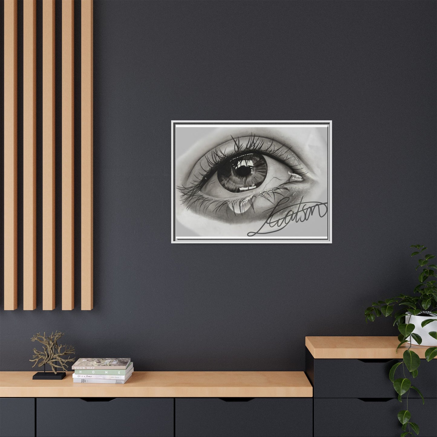 Gerahmte Leinwandkunst – Realistisches Auge mit tränenförmiger Signatur