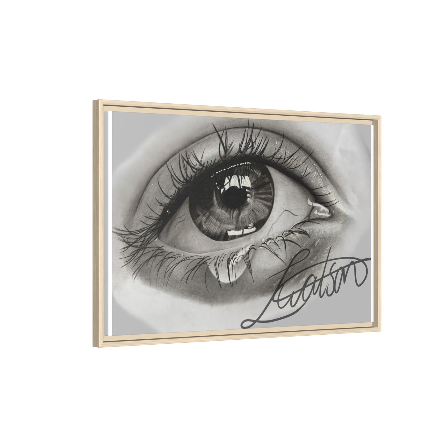 Gerahmte Leinwandkunst – Realistisches Auge mit tränenförmiger Signatur