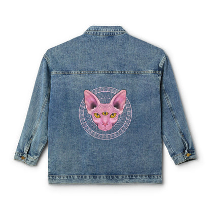 Women's Denim Jacket with Pink Sphynx Cat Patch