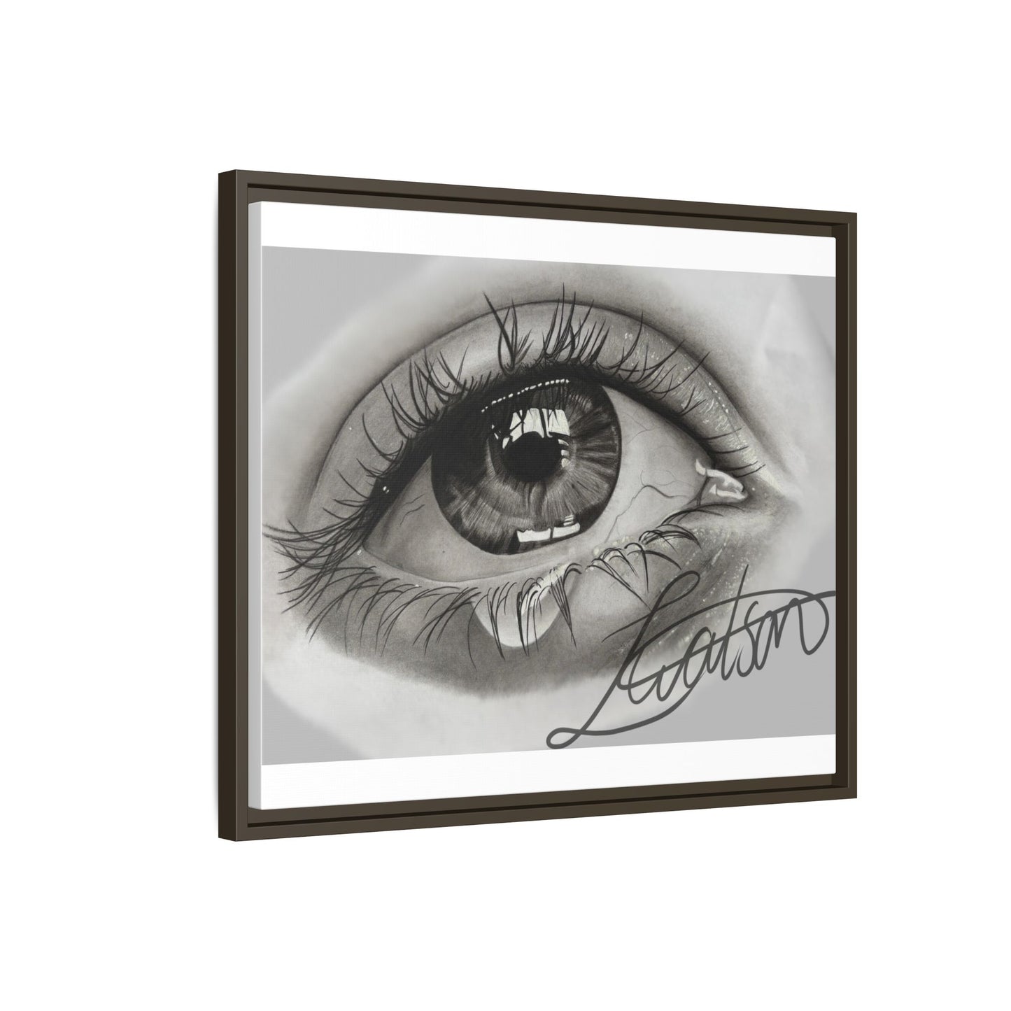 Gerahmte Leinwandkunst – Realistisches Auge mit tränenförmiger Signatur