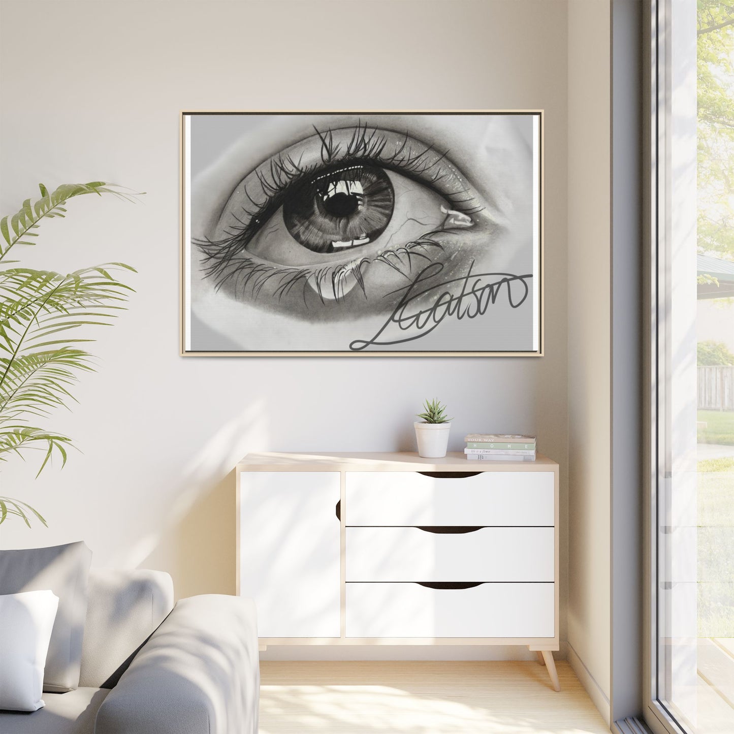 Gerahmte Leinwandkunst – Realistisches Auge mit tränenförmiger Signatur