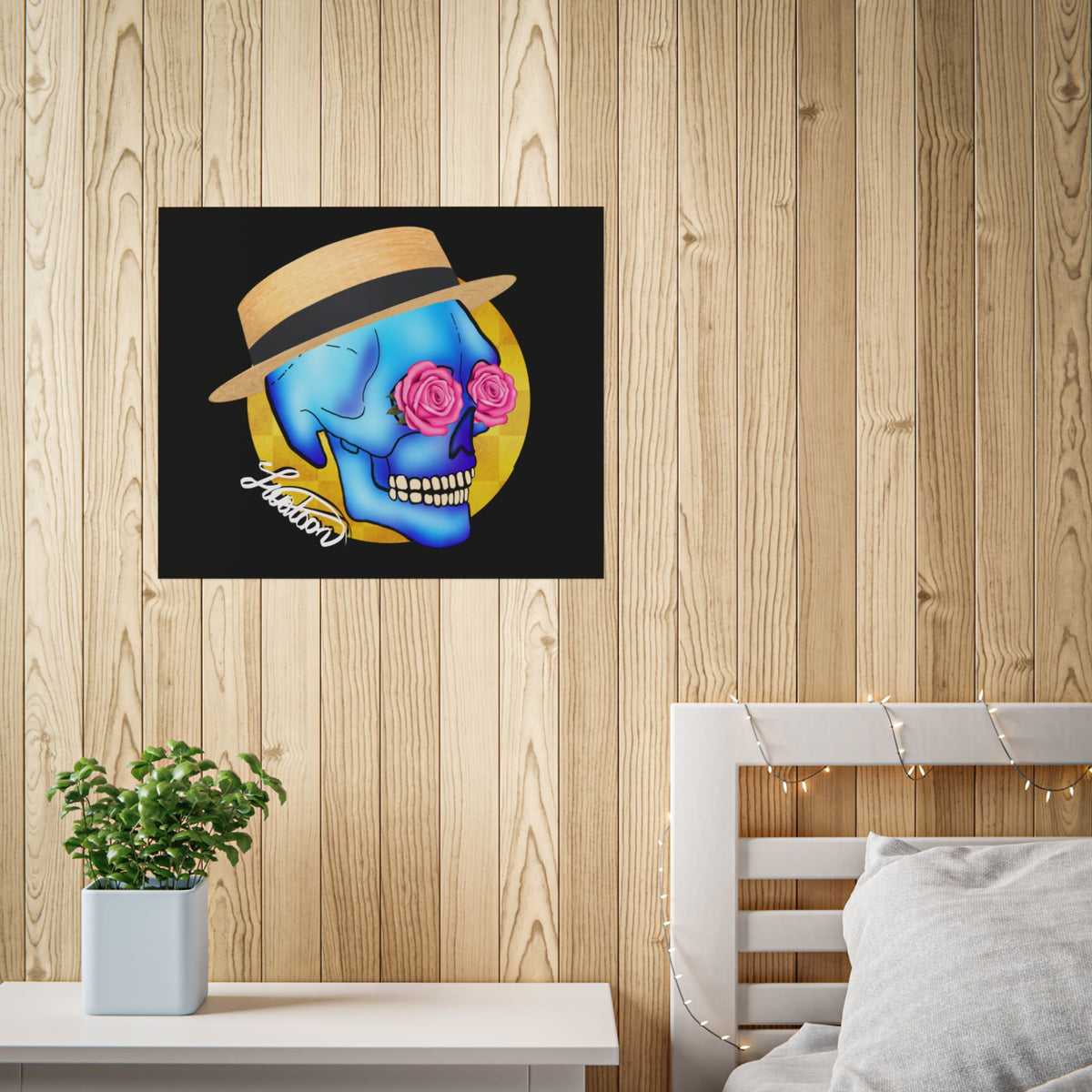 Colorful Day of the Dead Skull with Roses and Fedora Hat